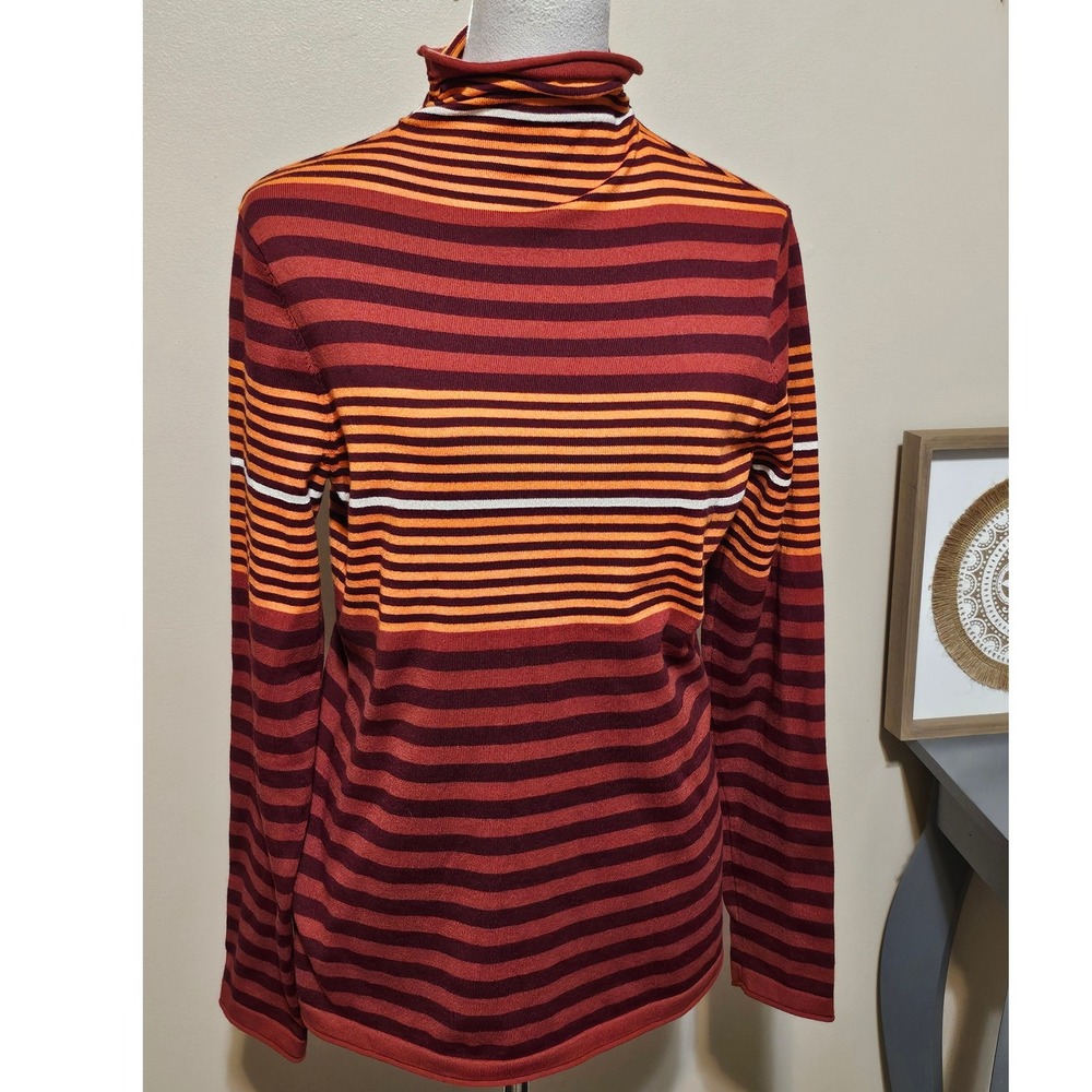 Duluth Trading Co Womens Striped Turtleneck Top Orange Burgundy Coolmax Medium